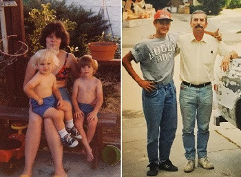 Bryce Johnson with his mother and sibling (left); with his father in 1993 (right) (Source: Instagram)
